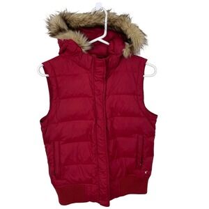 American Eagle‎ Outfitters Puffer Vest Womens S/P Red Faux Fur Hooded